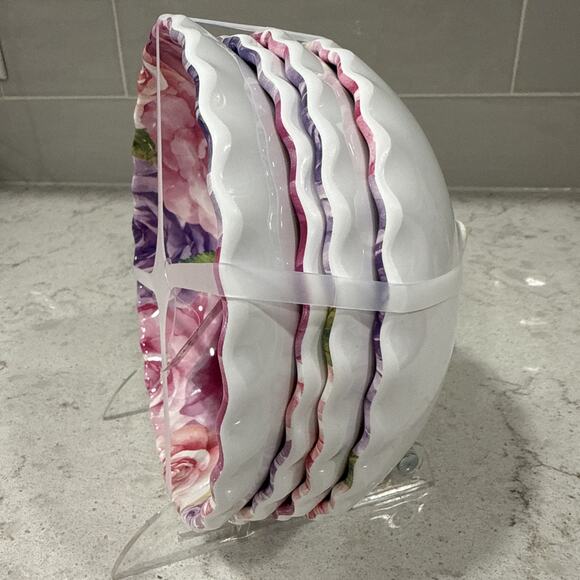 Set 4 Salad Bowls Jolie Fleur Rose Melamine Serving 7x2” Bowl Pink Purple NEW - Picture 3 of 5
